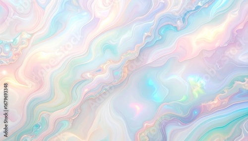 Dreamy iridescent pastel marble background with a soft, pearlescent and holographic sheen.