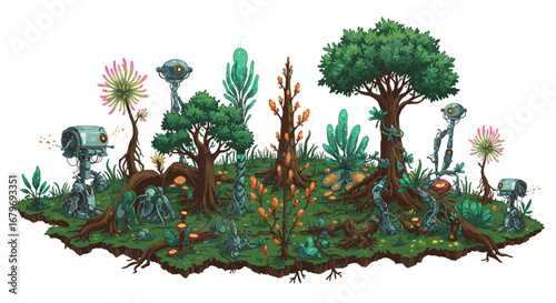 Futuristic robotic forest landscape with nature and technology