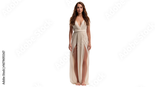 Eve full body standing on transparent background. Biblical first woman from Genesis, depicted in simple robe, isolated figure for Christian design, education, and illustration use.