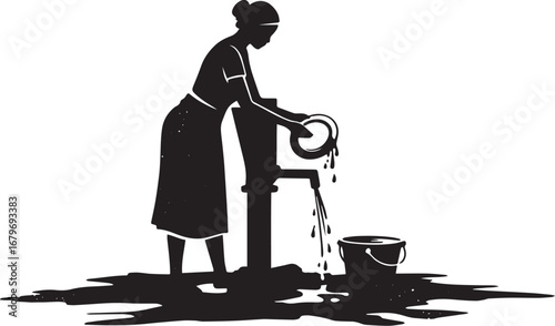 Silhouette of woman performing dish washing at manual water pump
