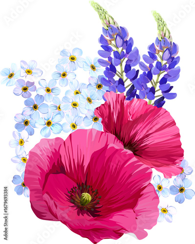 Beautiful vector bouquet of flowers. Summer and spring bright flowers. Blossom and flowers for decoration