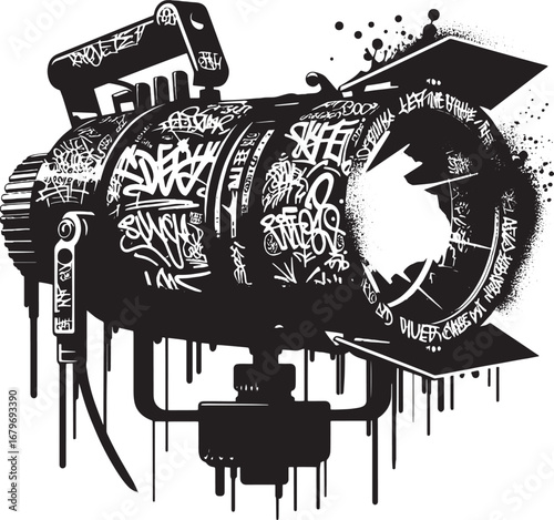 Illustration of a Graffiti-Covered Spotlight, Artistic Representation in Black and White