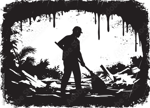 Silhouette of a worker clearing debris amidst a post disaster ra