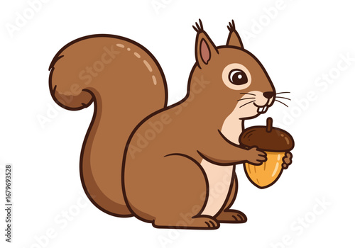 Cute Squirrel Holding Acorn Cartoon Illustration.
