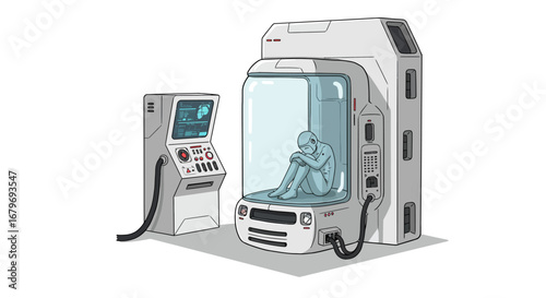 Futuristic cryogenic chamber with human figure in science fiction setting