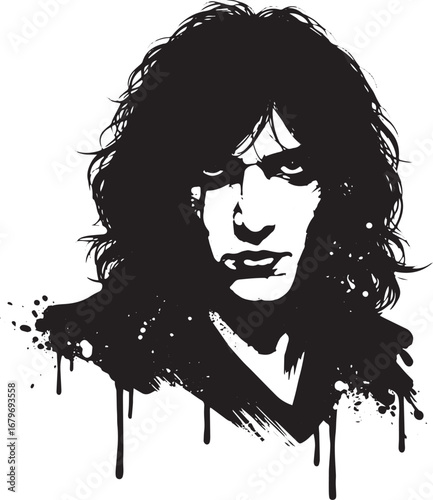 Monochrome portrait depicting a man with intense gaze and shaggy