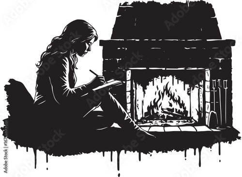 Silhouette of a woman writing by fireplace radiates warmth and c
