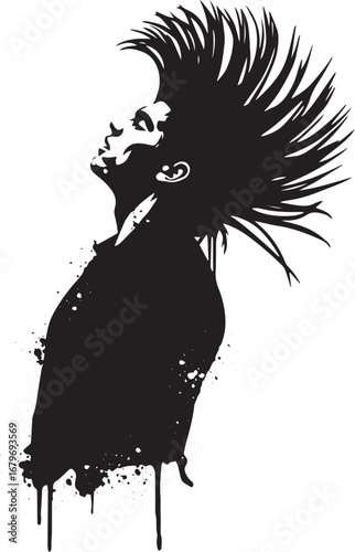 Monochrome silhouette of a person with a bold, stylized hairstyl