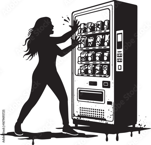 Frustrated woman silhouette hitting a malfunctioning vending mac