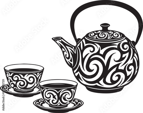 Elegant tribal styled black and white tea set illustration perfe