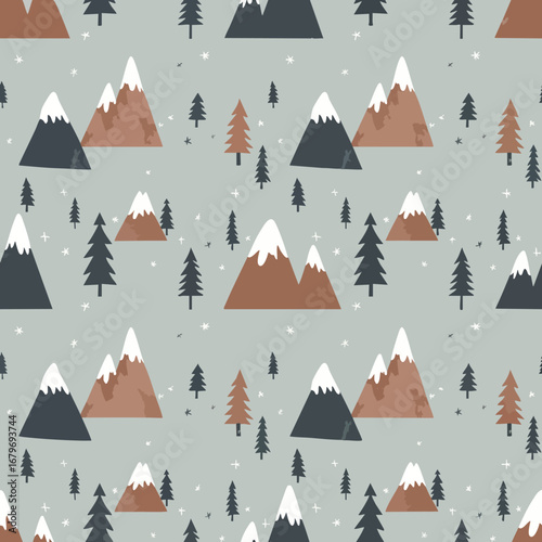 Nordic Winter Forest and Mountain Seamless Illustration.
