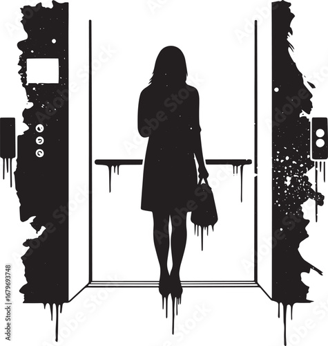 Silhouette of a woman entering an elevator with grunge effect su