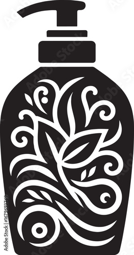 Elegant black and white illustrated bottle of soap with floral design and pump for use