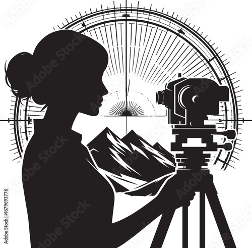 Silhouette of a Surveyor Woman Using a Total Station with a Compass and Mountains Background