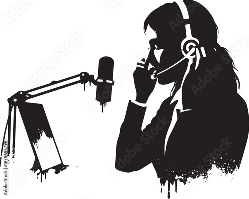 Silhouette of a focused professional with headset and microphone