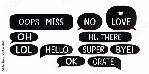Collection of black speech bubbles with white text messages and icons for communication and expression