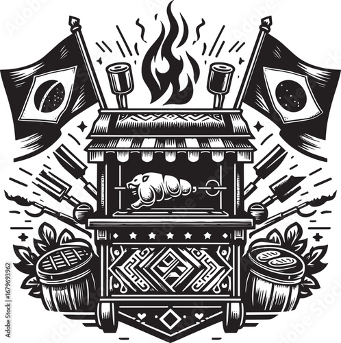 Black and white illustration of a Brazilian barbecue with flags and fire elements