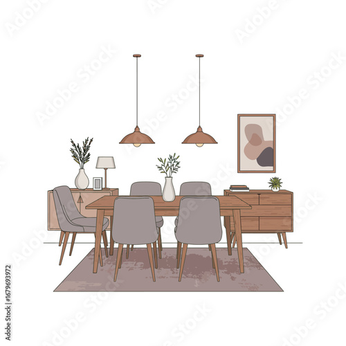 A modern dining room featuring a sleek wooden table and comfortable chairs, with natural light from a large window illuminating the stylish decor