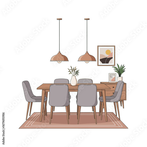 An elegant dining room interior with a wooden table and chairs, decorated with a stylish, modern design