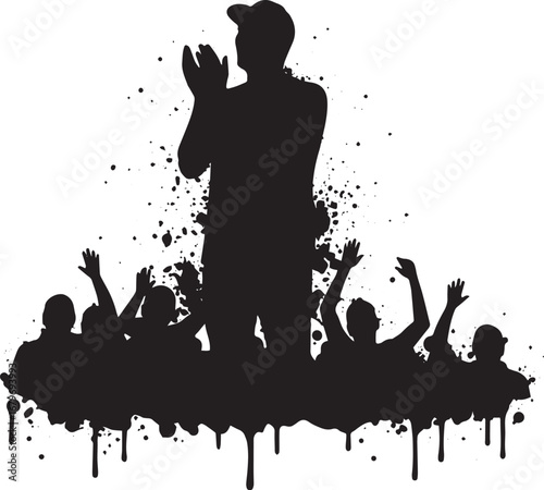 Enthusiastic crowd silhouette cheering and applauding a leader o