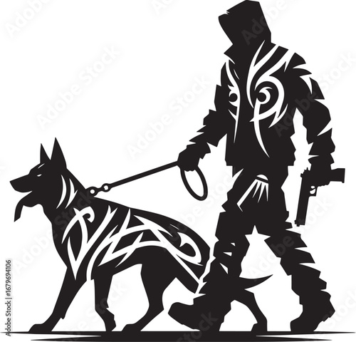 Silhouette of a Man with a Dog and Gun, Showing Security, Protection, and Surveillance