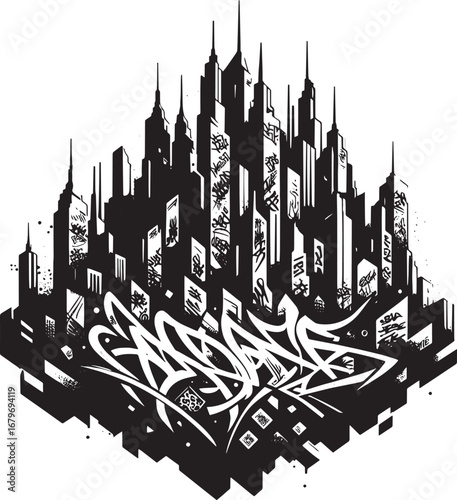 Black and White Urban Cityscape with Graffiti Art in a Modern and Artistic Illustration
