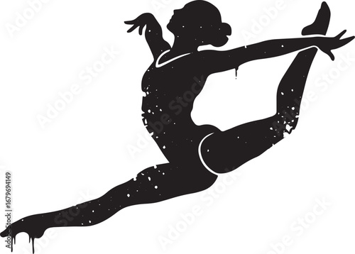 Dynamic silhouette of a gymnast performing a split leap with cos