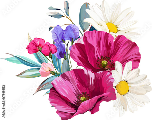 Beautiful vector bouquet of flowers. Summer and spring bright flowers. Blossom and flowers for decoration