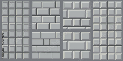 Seamless geometric pattern of grey stone blocks and paving slabs in various rectangular and square arrangements