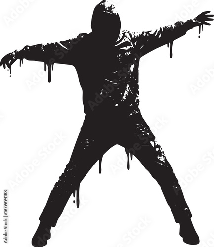 Silhouette of hooded figure in defiant stance with dripping effe