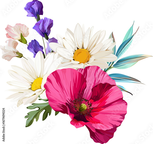 Beautiful vector bouquet of flowers. Summer and spring bright flowers. Blossom and flowers for decoration
