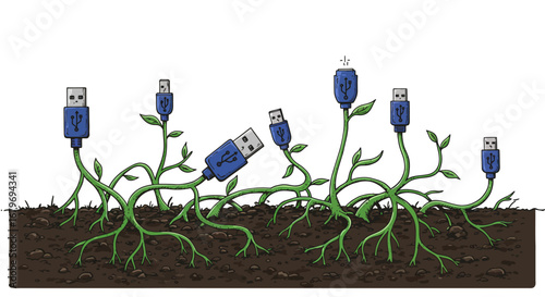 Usb cable plants growing from soil: technology meets nature in a digital garden