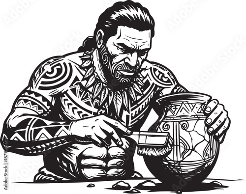 Maori conservator restoring ancient pottery with brush and triba