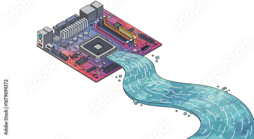 Isometric motherboard with flowing digital river concept art