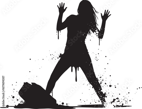 Abstract silhouette of woman stepping back with splashing artist