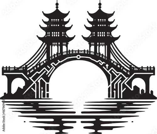 Elegant Black and White Silhouette of a Chinese Bridge with Pagodas Reflected in Water