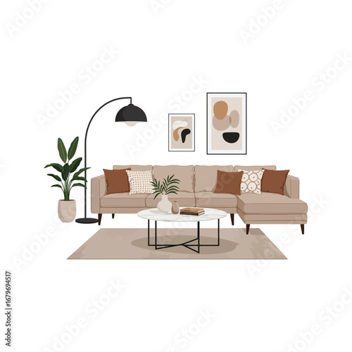 A cozy and comfortable modern living room interior with a stylish sofa, armchair, and coffee table