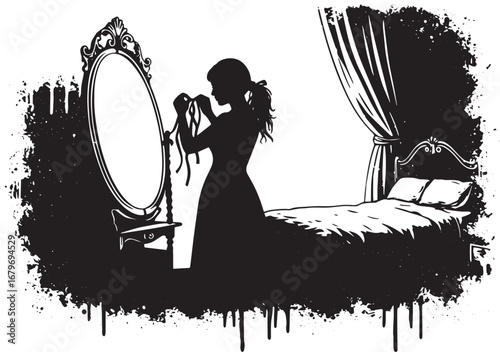 Elegant silhouette: Woman tying ribbon in front of a vanity mirr