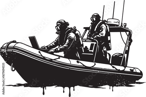 Monochromatic vector illustration depicting divers operating a b