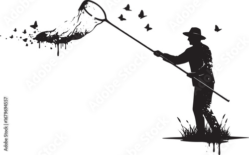 Silhouette of a man with a net catching butterflies in a symboli