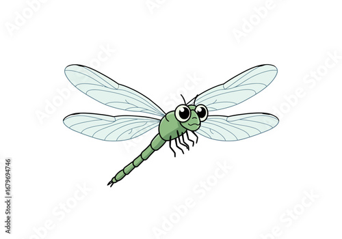 Cartoon Dragonfly Illustration with Transparent Wings on White.