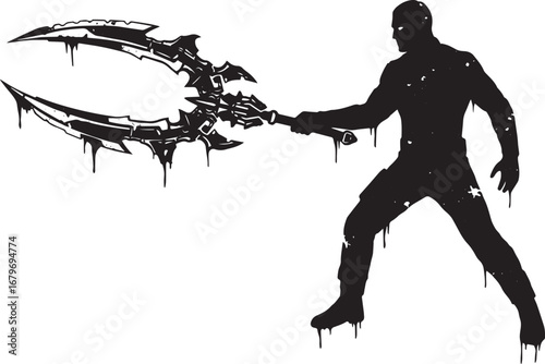 Mysterious warrior wielding a unique dual-bladed weapon in monoc