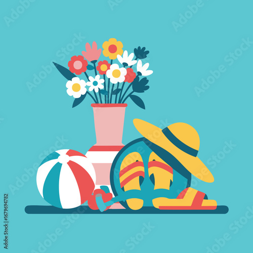 Summer Vacation Still Life with Flowers and Beach Items.