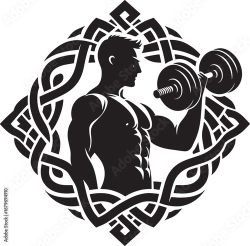 A vector illustration of a muscular man lifting a dumbbell within an ornamental design