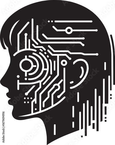 Illustration of a human head silhouette with an integrated circuit design for artificial