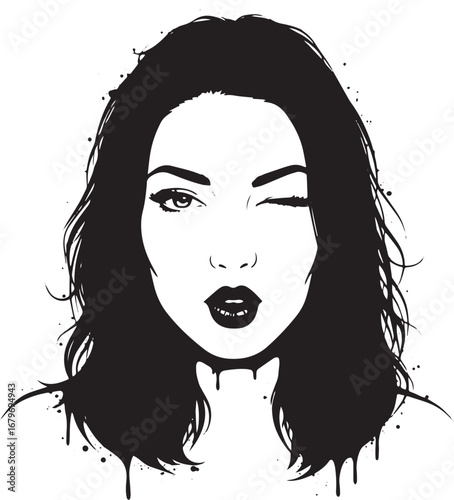 A stylized vector portrait of a winking woman with bold red lips