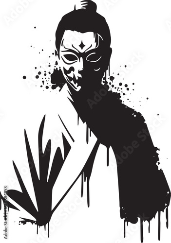 A striking monochrome depiction of a masked figure imbued with m