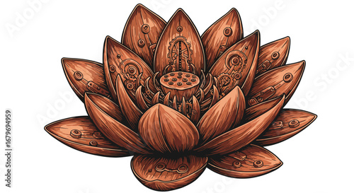 Steampunk lotus fusion: intricate mechanical flower design in vintage style