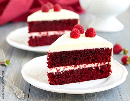 Two slices of red velvet cake with white frosting and raspberries