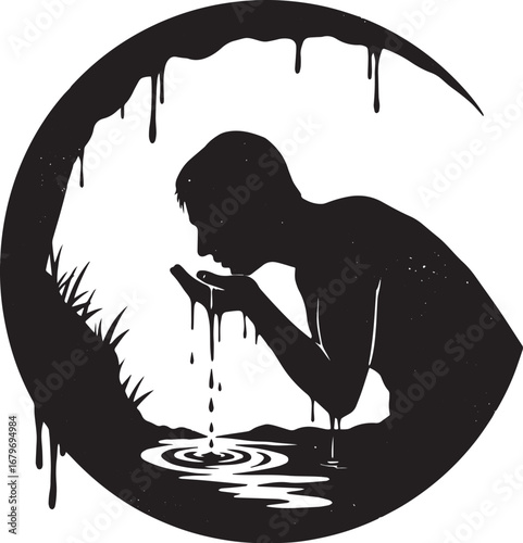 Silhouette of a person drinking water in nature with a dripping